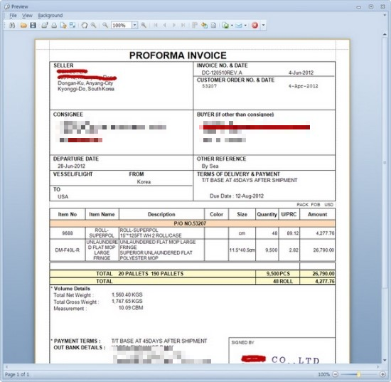 대고 바이어 무역서류 관리 프로그램의 Proforma Invoice 미리보기 화면 - 인보이스 번호 REV.A, P/O 번호, 품목, 금액, Volume Details 표시