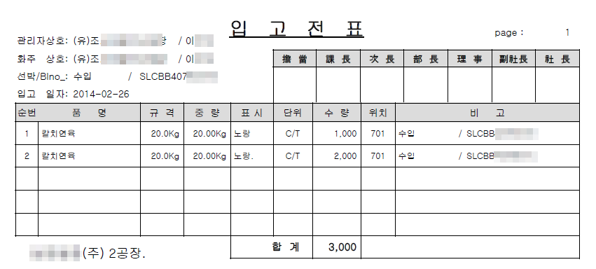 입고전표 출력 예시 - 입고일자, 품명, 규격, 수량과 결재란이 있는 전표 양식